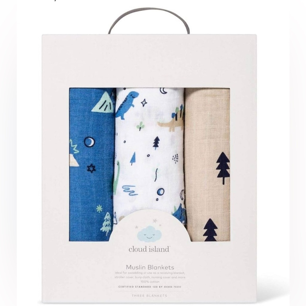 Cloud Island Muslin Swaddle Blankets Set - Blue, White, Tan